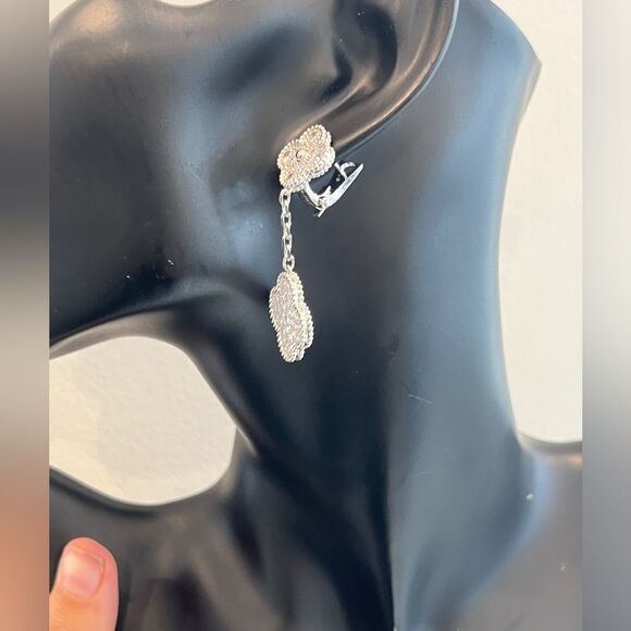 Silver Plated Lucky Alhambra Clover Drop Earrings with Crystal accents w… - Picture 3 of 10